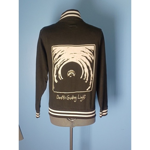 Vintage Goth Black Small Jacket Skull "Deaths Guiding Light" White Stripe - Picture 2 of 16
